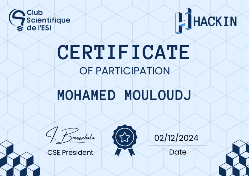 CSE Hackin Hackathon Certificate