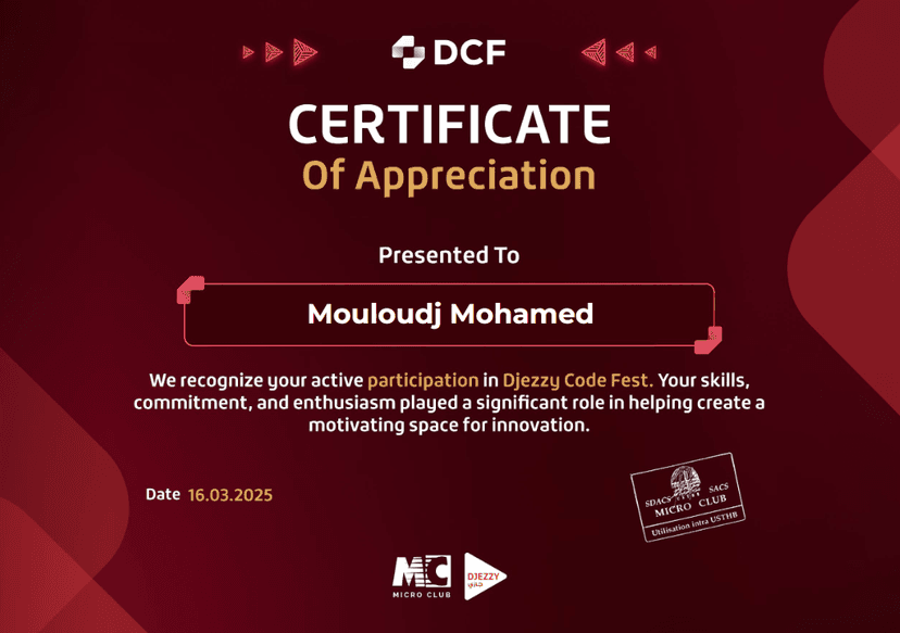 DCF Hackathon Certificate